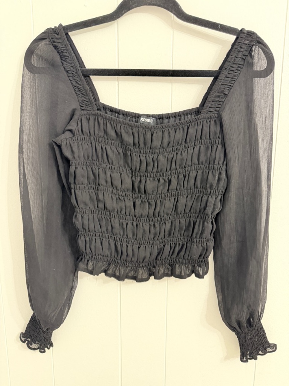 Express Black Smocked Long Sleeve Sheer Crop Top